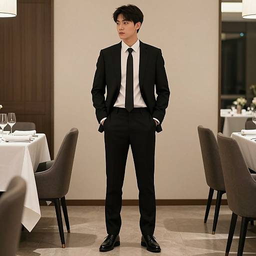 Photograph of an Asian man in a black suit, white shirt, and black tie, standing hands in pockets, in a sophisticated dining room with white