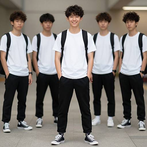 Photograph of five Asian teenage boys with curly hair, wearing white shirts, black pants, backpacks, and black-and-white sneakers, standing in a