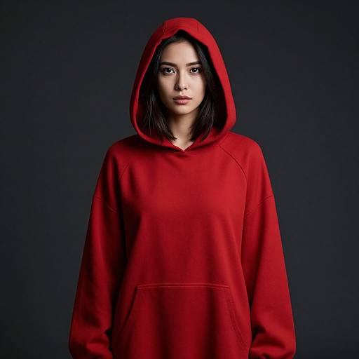 Photograph of a young woman with medium skin, dark hair, and intense gaze, wearing a bright red hooded sweatshirt against a dark blue background