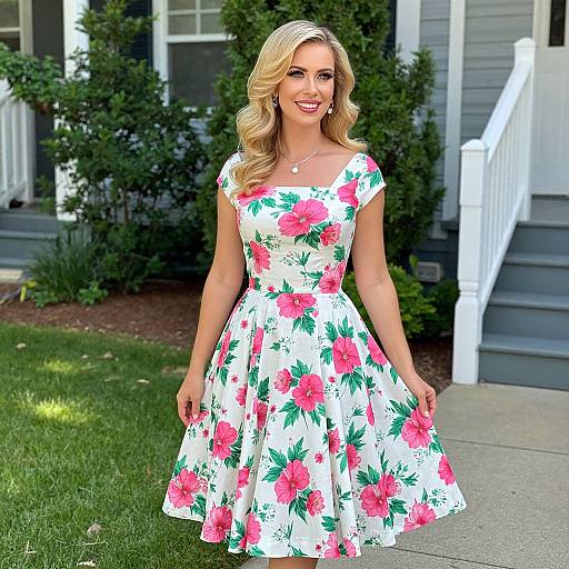 Photograph of a smiling blonde woman in a white floral dress with pink roses and green leaves, standing on a grassy lawn in front of a gray