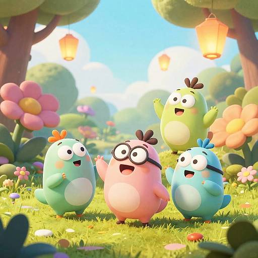 CGI cartoon image: Four chubby, colorful bird-like characters with big eyes and small wings stand in a sunny, flower-filled meadow with glowing lantern