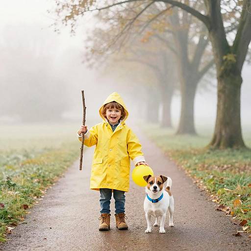 Child and Dog in Misty Park