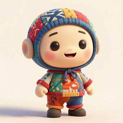 Colorful 3D cartoon doll with round face, black eyes, blushing cheeks, wearing a multicolored beanie, hoodie, and pants