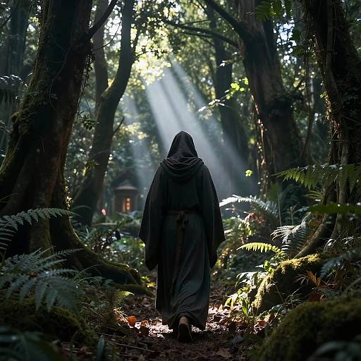 Robed Figure in Enchanted Forest