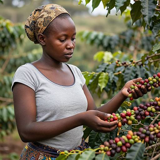 Photograph of a dark-skinned African woman with a patterned headscarf, white t-shirt, and colorful skirt, picking coffee berries in a