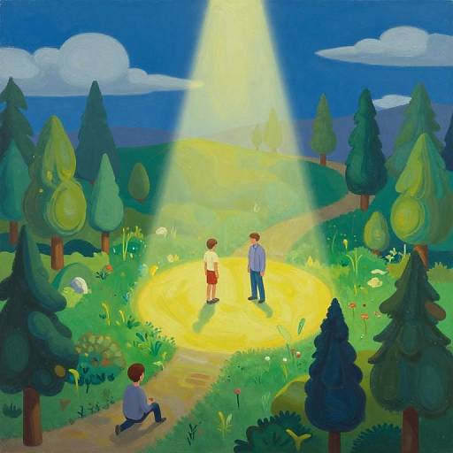 Digital illustration of two children standing in a sunlit, glowing meadow, surrounded by trees, with a third child seated nearby. Bright beam of light