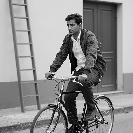 Man Riding Bicycle in Black and White