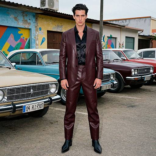 Photograph of a tall, handsome man with dark hair in a dark brown leather suit, black shirt, standing in front of vintage cars, colorful graffiti