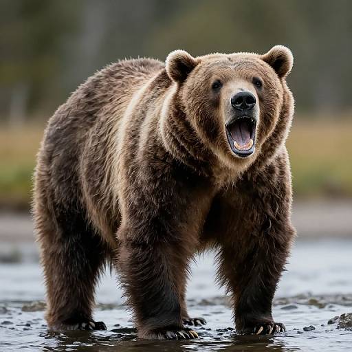Photograph of a large, brown bear standing in shallow water, mouth open in a roar, with a blurred forest background.