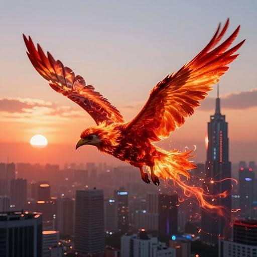 Digital artwork: A fiery, glowing phoenix with outstretched wings soars over a cityscape at sunset, with a skyscraper in the background.