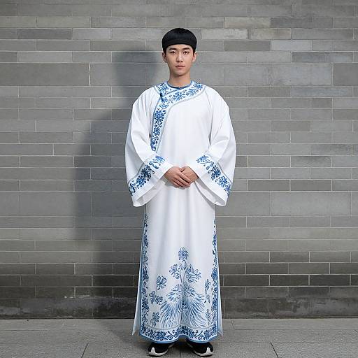 Photograph of an Asian man with light skin, black cap, white traditional long-sleeve shirt with blue floral patterns, standing against a gray brick