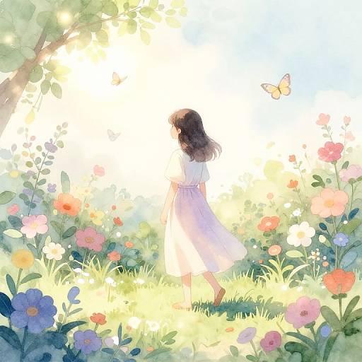 Digital watercolor art of a girl in a white dress standing in a sunlit, colorful flower garden with a butterfly.