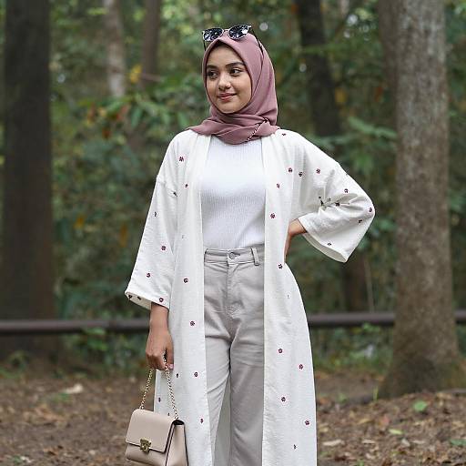 Young Woman in Forest with Stylish Outfit