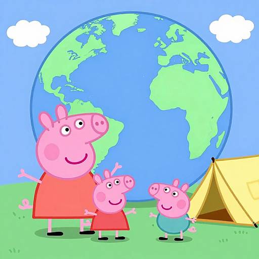 Cartoon illustration of three pink pigs: one in a red dress, one in red, and one in blue, standing by a yellow tent with a