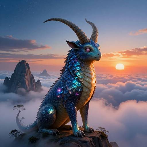 Digital art of a glowing, blue, dragon-like creature with curved horns, sitting on a rocky peak at sunrise, surrounded by clouds and distant mountains.