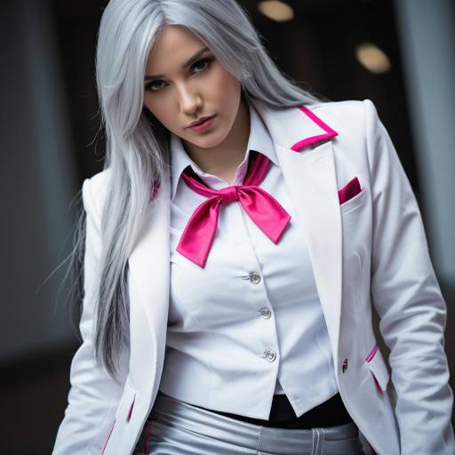 Woman in Silver Hair and White Pink Cosplay Outfit