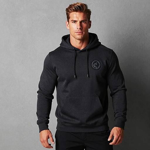 Photograph of a handsome, fit man with short, styled brown hair wearing a black hooded sweatshirt with a small logo, standing against a textured