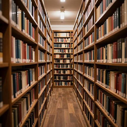 Photograph of a long, narrow library aisle with wooden bookshelves lined with colorful, neatly arranged books under bright ceiling lights.