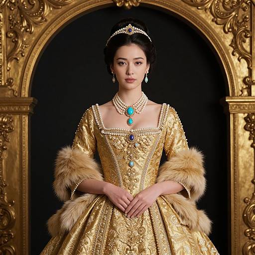 Photograph of an East Asian woman in a gold, embroidered Renaissance-style gown with fur sleeves, pearl necklace, blue gemstone brooch, and ti