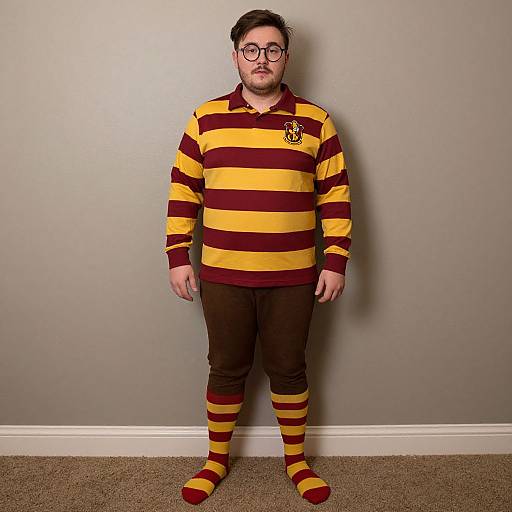 Photograph of a plus-sized man with glasses, short black hair, and beard, wearing a Harry Potter striped sweater and matching socks, brown pants,