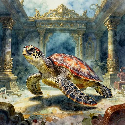 Digital artwork of a vibrant sea turtle with detailed, patterned shell, swimming in a grand, ornate, ancient temple with gold accents.