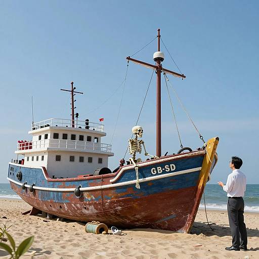 Skeleton on Wrecked Boat with Teacher on Beach