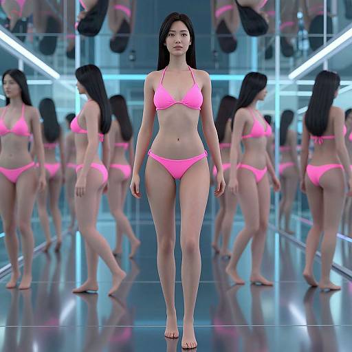 Digital CGI image of an East Asian woman with long black hair, wearing a neon pink bikini, walking in front of multiple mirrored reflections, in a futuristic