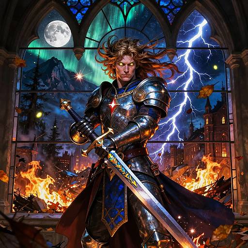 Stained-Glass Paladin Amid Apocalyptic Chaos