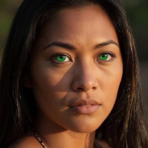 Close-up photograph of a young woman with dark brown skin, striking green eyes, and straight black hair, lit by warm sunlight.