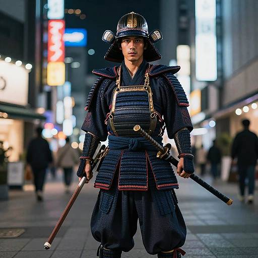 Samurai in Traditional Armor in Urban Night Scene