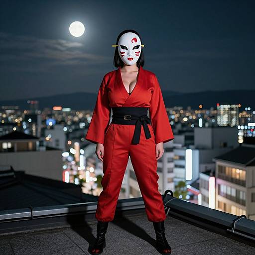 Photorealistic digital art: Woman in red kimono, black belt, black boots, white mask with red dot, stands on rooftop at night,