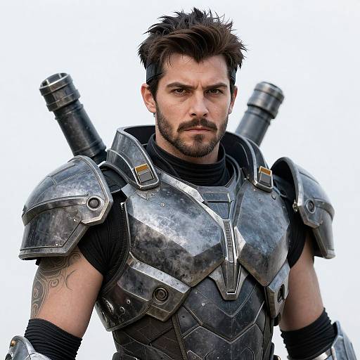 Photograph of a bearded man with dark hair, wearing metallic, weathered shoulder armor, black shirt, and black arm bands, with two cylindrical