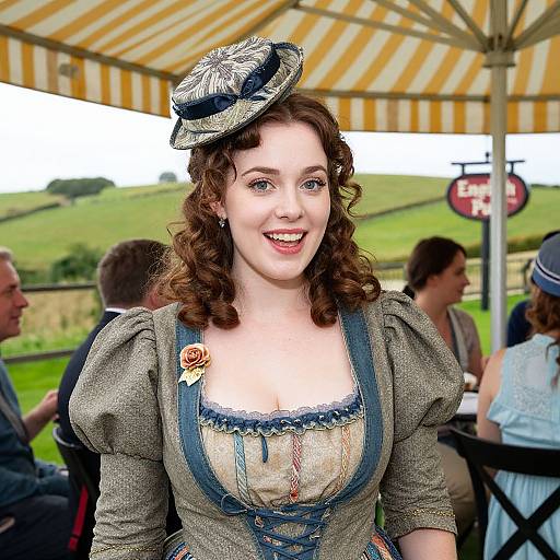 Photograph of a fair-skinned, curly-haired woman in Victorian-style dress with blue corset and hat, smiling under striped canopy at outdoor event.