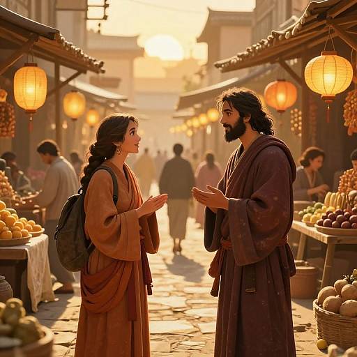 Photograph-like CGI of Jesus and Mary Magdalene in a sunlit, bustling medieval market, exchanging dialogue, surrounded by hanging lanterns and fruit