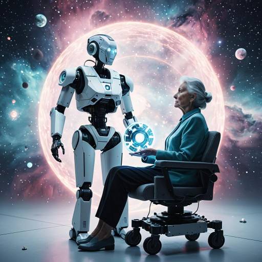 Elder Woman with Futuristic Robot and Hologram