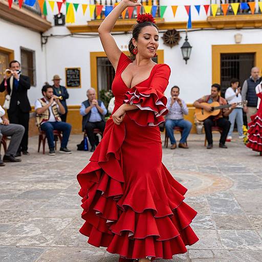 Photograph of a Latina woman in a vibrant red ruffled flamenco dress, dancing in a sunlit plaza with colorful flags, seated spectators, and