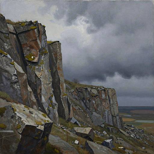 Painting of rugged, gray cliffs under a stormy, cloudy sky with patches of yellow grass and distant, flat landscape. Dramatic, moody