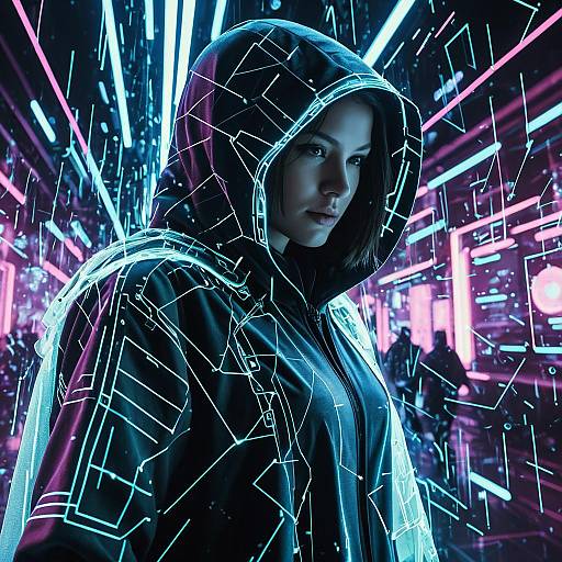 Futuristic Hacker in Neon Data Cloak