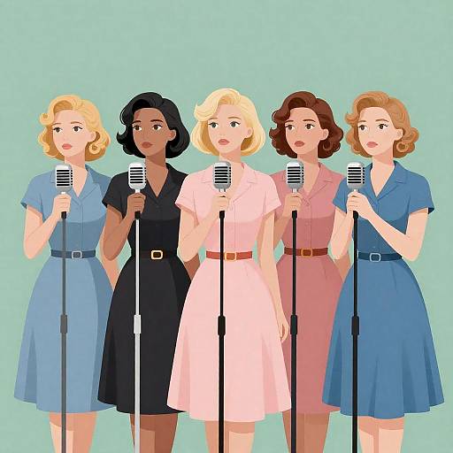 1950s Style Women Singing with Vintage Microphones