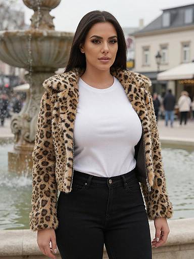Photograph of a confident woman with long black hair, wearing a leopard print jacket, white shirt, and black jeans, standing in front of a fountain