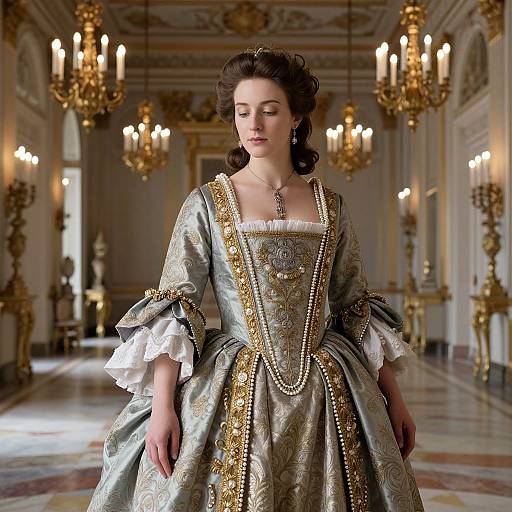 Photorealistic digital artwork of a regal woman in an ornate, gold-embroidered, 18th-century gown, standing in a