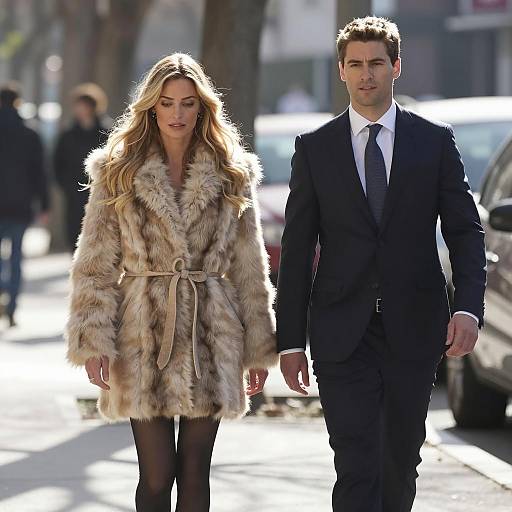 Sunlit Stroll: Couple on Vibrant Street