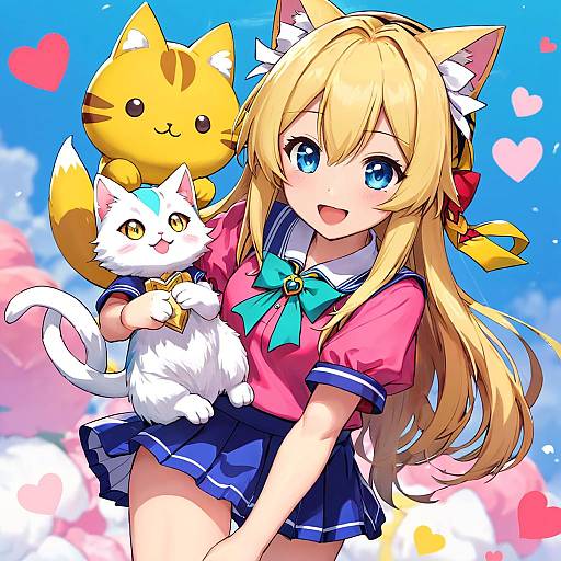 Anime-style digital drawing of a blonde girl with cat ears, blue eyes, pink shirt, blue skirt, holding two cute, smiling cats. Background: