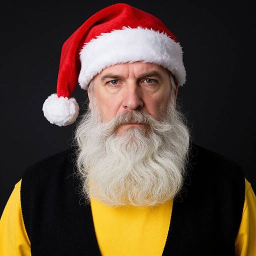 Photograph of a white-bearded, middle-aged man with a serious expression, wearing a red Santa hat, yellow shirt, and black vest, against