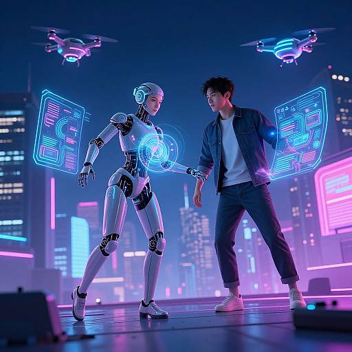 Cyberpunk scene: glowing neon cityscape, humanoid robot with blue holographic interfaces facing man in blue jacket and white shirt, surrounded by flying drones