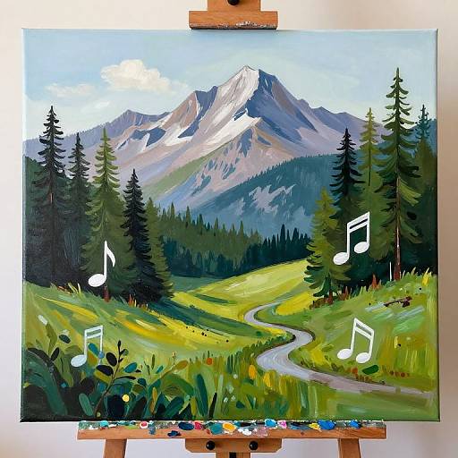 Vibrant painting of a mountain landscape with a winding path, green forest, and musical notes, displayed on an easel with colorful paints.
