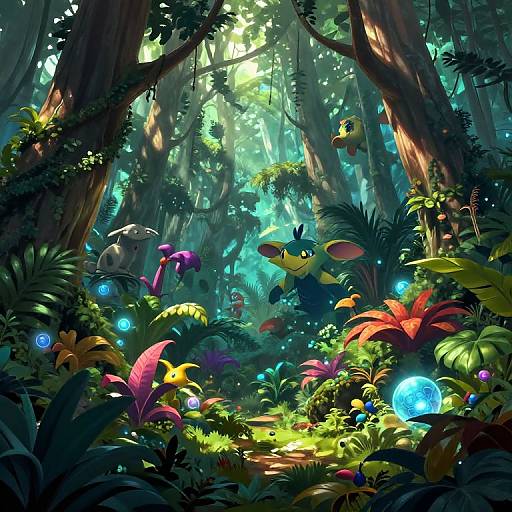 Vibrant, sunlit forest illustration featuring colorful, glowing mushrooms, a yellow mouse-like creature, and lush greenery with sunlight filtering through tall trees