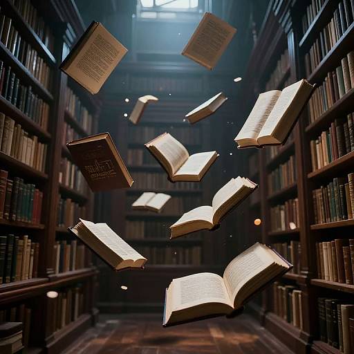 Photograph of floating open books in a dimly lit library, surrounded by tall wooden bookshelves filled with books.