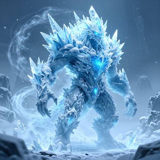 Digital artwork of a towering, icy blue dragon with glowing spikes and claws, emerging from a snow-filled, icy landscape, emitting a bright, ethereal