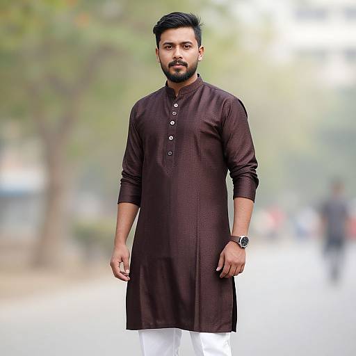 Photograph of a bearded South Asian man with dark hair, wearing a black traditional long kurta, white trousers, and a wristwatch, standing